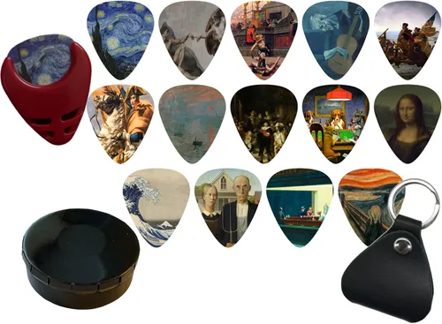 Pack de 14 púas de Arte Pinturas Famosas Van Gogh Picasso Noche Estrellada.71mm Púas de Guitarra Medianas Únicas con Soporte para Púas de Guitarra