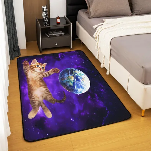 Miniatura 4 de Alfombra decorativa de gato de espacio exterior de 3 x 5 pies, diseño de plantas y gatitos, para niños, adolescentes, galaxia, cielo estrellado