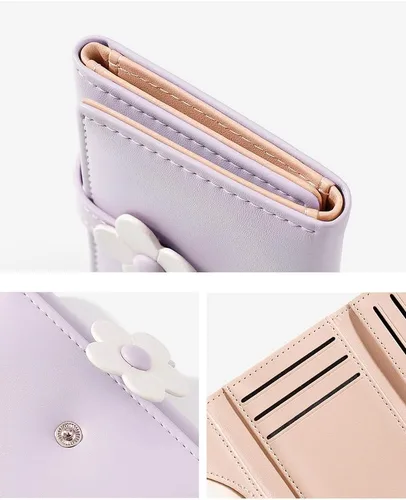 Miniatura 4 de MEISEE Billetera pequeña para niñas y mujeres, billetera de tres pliegues, bolsillo para efectivo, con estampado de flores, monedero con ventana