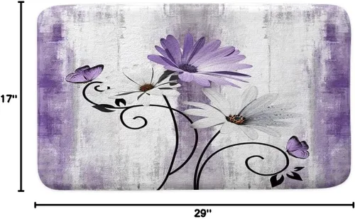 Miniatura 2 de Alfombra de Baño Rústica de Granja, Alfombra de Baño de Madera de Campo con Flores de Margaritas Moradas, Mariposas y Estilo Campestre, Alfombra