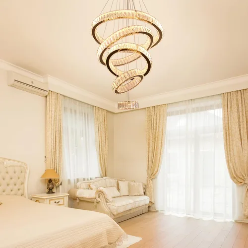 Miniatura 4 de Lámpara candelabro LED de cristal grande, moderna de 5 anillos, luz colgante ajustable para dormitorio, comedor, cocina (blanco cálido).