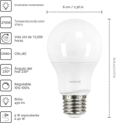 Miniatura 2 de Linkind - Bombillas LED A19 atenuables, equivalente a 40 W, base E26, luz blanca suave de 2,700 Kelvin, 5.7 W, 460 lúmenes, CRI80+, 120 V