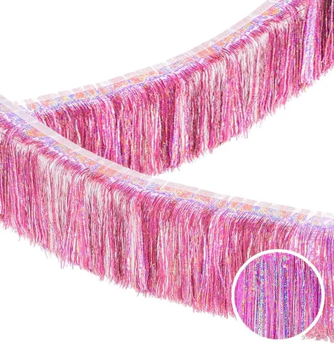 Miniatura 13 de Guirnalda de oropel con flecos de oro rosa de alta calidad para decoraciones de fiesta, 4 capas de grosor, paquete de 2 unidades, pancarta metálica