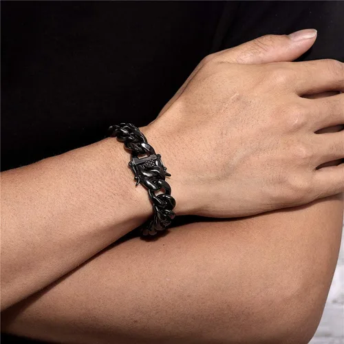 Miniatura 3 de ROWIN&CO Pulsera de cadena cubana Miami de acero inoxidable, negrooro de 18 quilatesarco iris, sin níquel, pulsera gruesa para hombresmujeres
