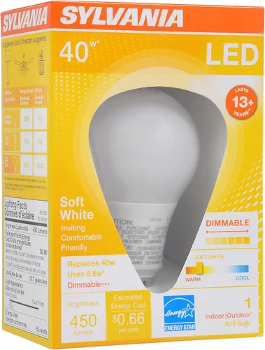 Miniatura 3 de Sylvania - Bombilla LED A19, 5.5 W, equivalente a 40 W, 13 años, regulable, 450 lúmenes, 2700 K, blanco suave - paquete de 1 (74688)
