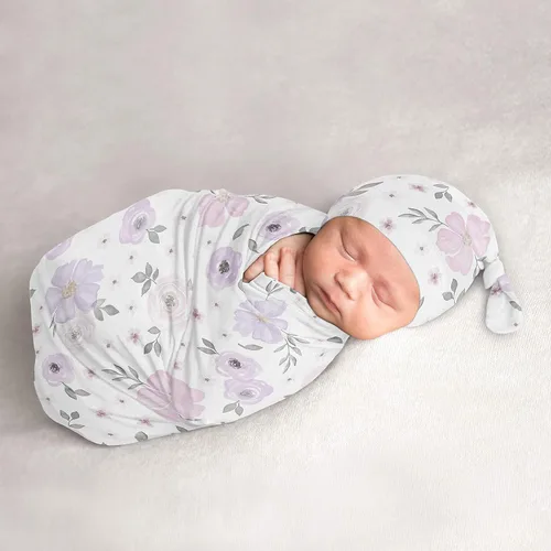 Sweet Jojo Designs Juego de 2 gorros y capullos florales de acuarela para bebé, saco de dormir de punto elástico para bebé, recién nacido, saco de