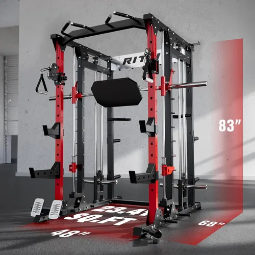 Miniatura 6 de RitFit Máquina Buffalo Smith, jaula eléctrica con sistema LAT-Pull Down y sistema de cruce de cables, estante de sentadillas todo en uno para Rojo