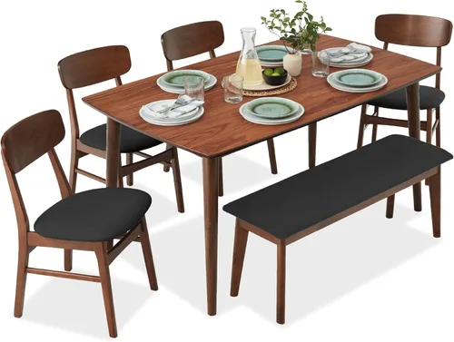 Best Choice Products Juego de comedor de madera de 6 piezas, mesa moderna de mediados de siglo y sillas tapizadas con asiento de banco, patas de