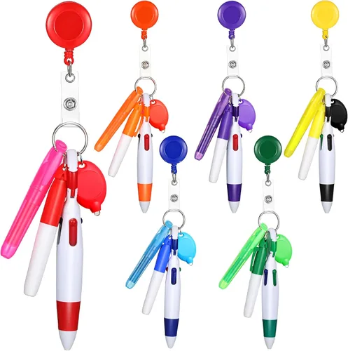 Miniatura 14 de 30 piezas de clip retráctil para bolígrafo de lanzadera con mini resaltador, bolígrafo de insignia de enfermera, marcador de neón, llavero LED, clip