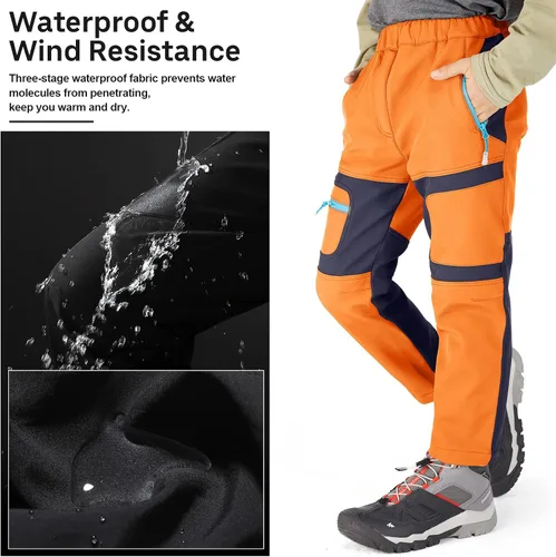 Miniatura 10 de linlon Pantalones impermeables para la nieve para niños y niños, forro polar lind para senderismo, softshell, cálidos, con aislamiento térmico