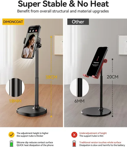 Miniatura 3 de DIMONCOAT Soporte de teléfono para escritorio, soporte de teléfono ajustable en ángulo y altura para escritorio, soporte universal de aleación
