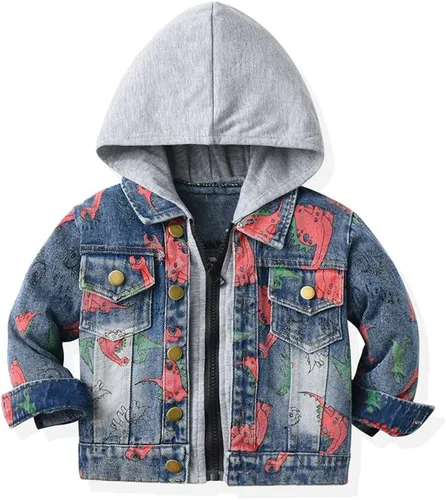 Miniatura 10 de IBAKOM Chaqueta de mezclilla para niña, chaqueta de mezclilla azul para niños, con botones, otoño e invierno, abrigo con capucha rasgada, ropa