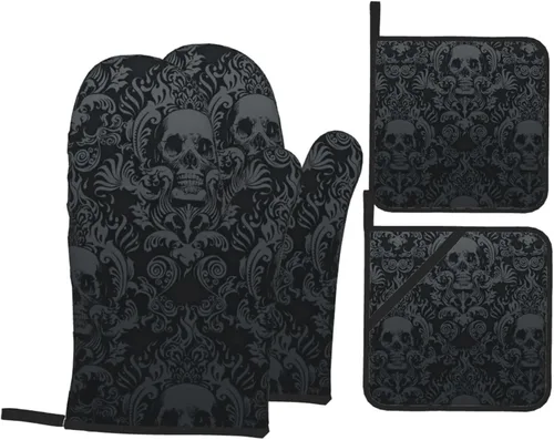 Juego de 4 manoplas de horno y agarraderas de damasco con calavera negra gótica victoriana, almohadillas resistentes al calor con guantes de