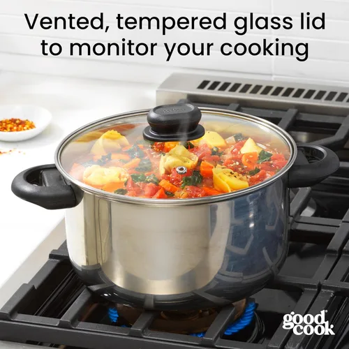 Miniatura 6 de GoodCook Horno holandés clásico de acero inoxidable de 5 cuartos de galón con tapa de vidrio templado, color plateado