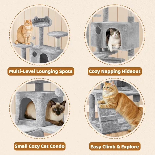 Miniatura 4 de Yaheetech - Torre de árbol para gatos de 62 pulgadas, mueble para mascotas con doble refugio, postes para rascar, múltiples plataformas y pelotas