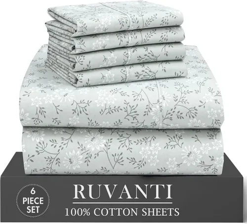 Miniatura 39 de RUVANTI 6 Piezas Sábanas de Algodón - 100% Algodón Natural Suave, Ligeras y Transpirables Sábanas de Percal Crujiente, Sábanas de Cama Tamaño Full