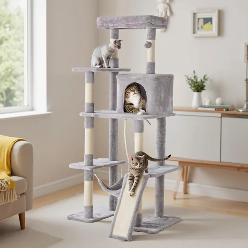 Miniatura 27 de Árbol grande para gatos de 66 pulgadas, torre de árbol para gatos de varios niveles con condominio, perchas, postes rascadores de sisal y hamaca
