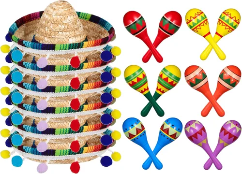Honoson 12 piezas de madera Fiesta Maracas 6 Cinco de Mayo Mini sombrero superior sombrero para sombrero decoración de fiesta mexicana (18 unidades,
