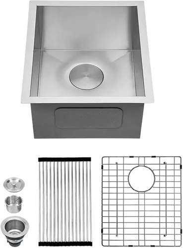 Miniatura 31 de Kichae fregadero de cocina bajo encimera de 32 pulgadas, de un solo tazón, de acero inoxidable, calibre 16, de esquina redonda, hecho a mano