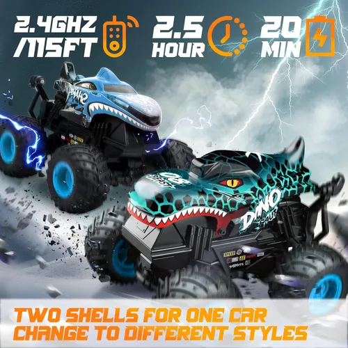 Miniatura 2 de BEZGAR Monster Truck Toys - Camiones monstruo a control remoto con luz y música, juguetes de dinosaurios para niños, camión RC a escala 1:20 con Dos