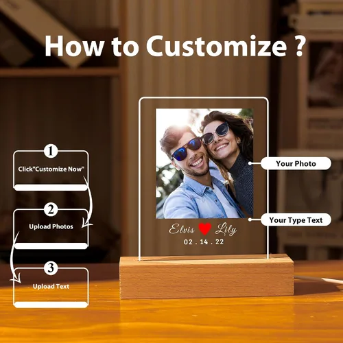 Miniatura 2 de Placa de fotos de acrílico LED personalizada, regalos de aniversario personalizados para parejas con nombres grabados, luz nocturna romántica