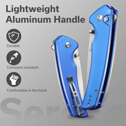 Miniatura 2 de Navaja de bolsillo con botón de bloqueo de Sencut para EDC, navaja plegable serena, muesca para el pulgar y abridor plegable, mango de aluminio