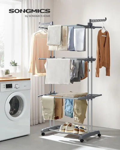 Miniatura 2 de SONGMICS Tendedero para Ropa de 4 Niveles, Tendedero Plegable para Secado de Ropa de 173 cm de Altura, Acero, Carrito para Secar Ropa, Fácil de Gris