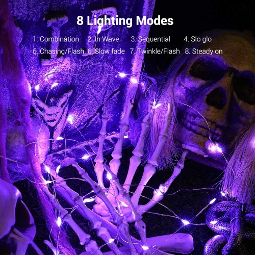 Miniatura 2 de BrizLabs Luces moradas de Halloween, 19.47 pies, 60 luces LED de Halloween, 8 modos de luz morada con control remoto, luz parpadeante impermeable al