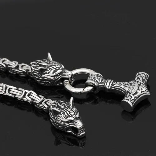 Miniatura 3 de GuoShuang Wolf Head with Thor Mjolnir Pendant Necklace Stainless Steel - King Chain