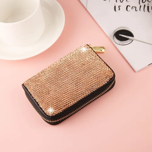 Miniatura 5 de AsAlways Funda con cremallera multicapa con diamantes de imitación RFID, cartera pequeña delgada para mujer, Oro, Moderno