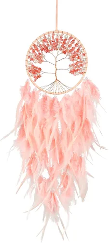 Miniatura 8 de Atrapasueños grandes del árbol de la vida, plumas de gallo rosa con ágata roja, atrapasueños de chakras hecho a mano para dormitorio, un