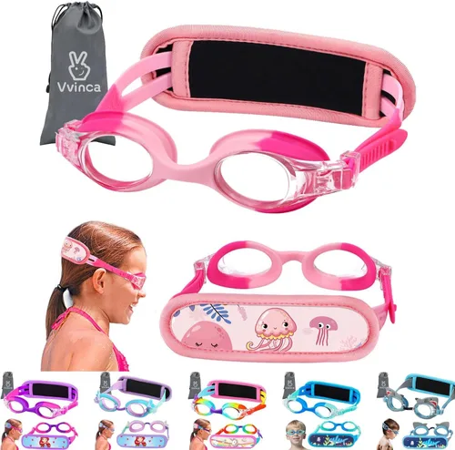 Miniatura 12 de Vvinca Gafas de natación para niños con correa de tela, sin enredos, sin dolor, antivaho para piscina, sin fugas, para niños y niñas