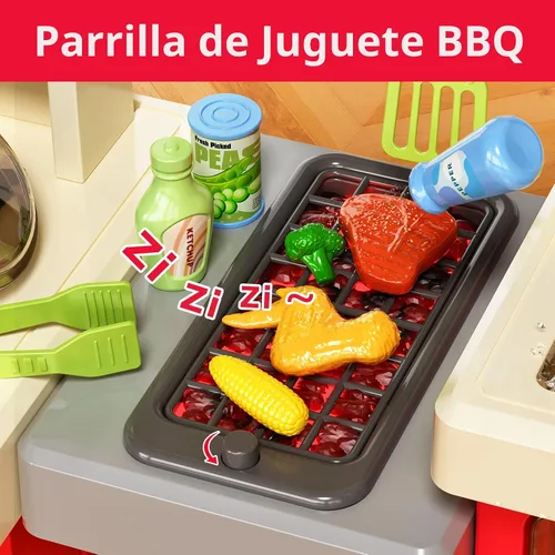 Miniatura 3 de Pupu Pig Juego de cocina para niños, cocina de juego con estufa, parrilla, fregadero, comida de juguete, accesorios de cocina, cocina con luces Play