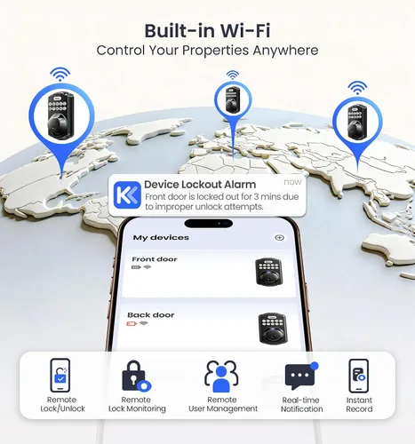 Miniatura 2 de Veise VE012W-B Cerradura inteligente de huellas dactilares Wi-Fi con juego de manija, control remoto de aplicación, palanca de puerta delantera