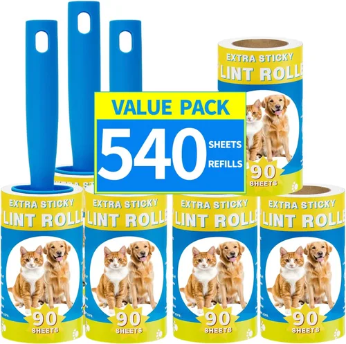 Rodillos de pelusa para pelo de mascotas extra pegajosos, 540 hojas con 3 asas, removedor de pelusa portátil para mascotas, para ropa, muebles,