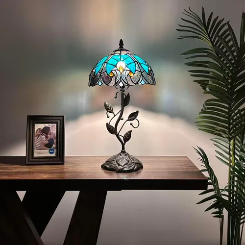 Miniatura 2 de Tiffany - Lámpara de mesa verde y marrón, hierro con hojas de metal, base de bronce, incluye bombilla LED, lámpara de enlace para sala de estar