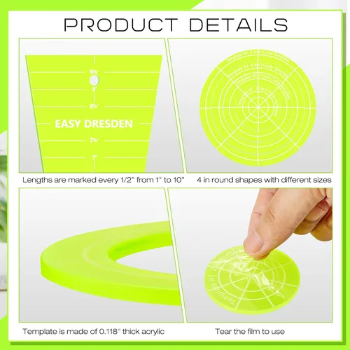 Miniatura 3 de 5 Piezas Reglas de Plantilla Acrílica para Acolchar de 10 Pulgadas Plantilla de Placa Dresden para Acolchar Mantas Hacer Ropa Manualidades DIY