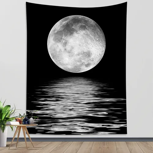 LB Tapiz pequeño de luna llena sobre océano, tapiz de pared de cielo nocturno estrellado, fantasía 3D, arte de pared de luna grande en blanco y