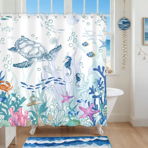 Miniatura 11 de Moutina Cortina de ducha náutica de tortuga marina, decoración de baño con temática oceánica, juego de cortina de ducha costera de playa, 72 x 72