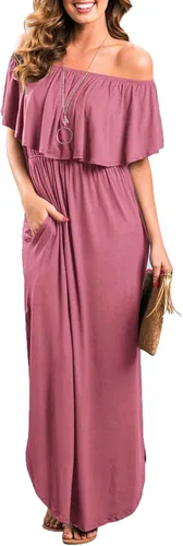 Sarin Mathews - Vestido de fiesta para mujer, estilo casual largo hasta los tobillos, con volantes, hombros descubiertos, abertura lateral y