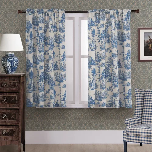 XTMYI Cortinas Azul Claro de 48 Pulgadas de Largo para Ventana de Cocina y Baño, Decoración Trendy de Campo Francés, Pared Vintage con Patrón Floral