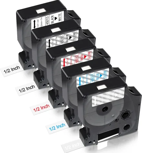 Miniatura 15 de Paquete de 4 recambios para rotuladora Dymo D1, negro sobre transparente 45010 S0720500, 1/2 pulgada x 23 pies cinta de etiquetas transparente D1