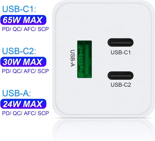 Miniatura 4 de NewWay Cargador rápido USB-C de 65 W de 3 puertos PD QC 3.0 de entrega plegable, cargador de pared USB-C para MacBook, iPad, iPhone Series con 15 16