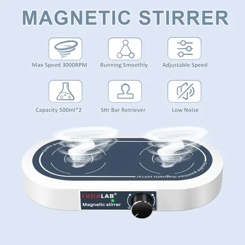 Miniatura 2 de Agitador magnético de doble posición, 2 placas de agitación de laboratorio de 16.9 fl oz, 50-1500 RPM, 4 barras de agitación + 1 recuperador