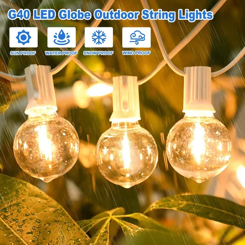 Miniatura 5 de Bosceos Tira de luces LED G40 para exteriores, 25 pies, regulables, inastillables, impermeables, con 12+2 bombillas conectables, luz colgante Blanco