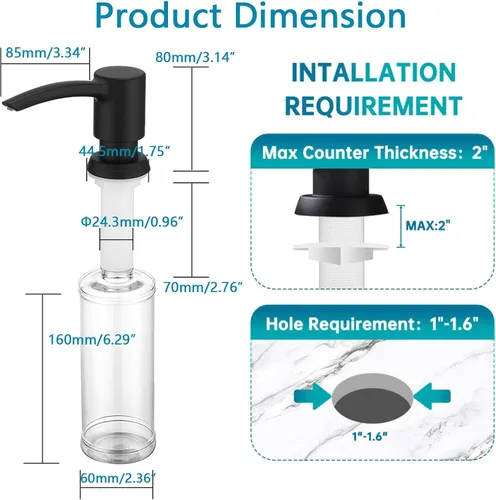 Miniatura 8 de Dispensador de jabón negro sin manchas para fregadero de cocina, dispensador de jabón negro mate con bomba ABS, diseño patentado, botella de jabón