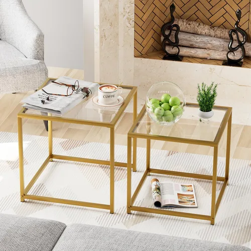 Miniatura 14 de Garden 4 you Juego de 2 mesas auxiliares modernas, mesa anidable de cristal, juego de mesa central cuadrada con marco de metal, mesas auxiliares