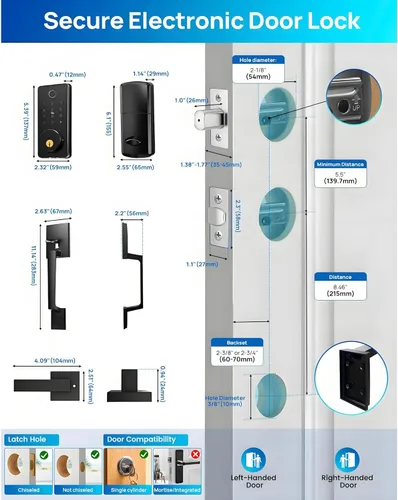 Miniatura 8 de Set de cerradura de puerta de entrada sin llave inteligente con manija de puerta delantera, desbloqueo biométrico de huellas dactilares en 0.1s