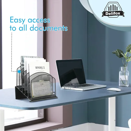 Miniatura 6 de Delifox Organizador de escritorio inclinado, soporte de archivos de 5 secciones con bandeja vertical para carpetas, estante de metal clasificador