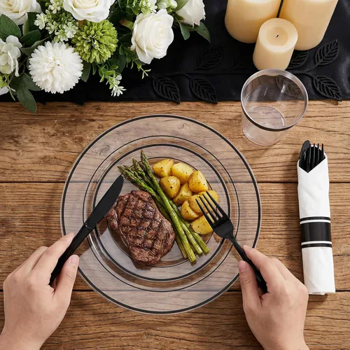 Miniatura 5 de I00000 El juego de vajilla de plástico negro de 210 piezas para 30 invitados incluye: 30 platos llanos, 30 platos de postre, 30 servilletas